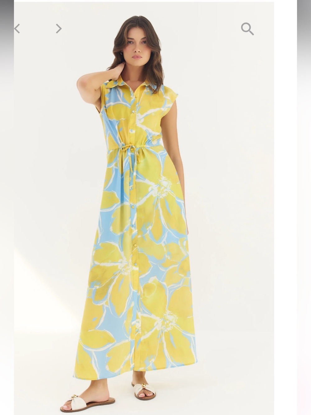 hutch layton blue & yellow floral print button front maxi shirt dress small NEW